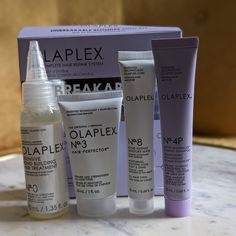 It's The Perfect Kit To Try Out Olaplex! I Received Two Of These As A Gift, But I Decided I Only Needed One As I Bought The Larger Bottles Already. Included In The Kit: N0 Intensive Bond Building Hair Treatment N3 Hair Perfector N4p Blonde Enhancer Toning Shampoo N8 Bond Intense Moisture Mask Olaplex Products, Olaplex Shampoo, Toning Shampoo, Hair Restoration, Hair Serum, Nourishing Hair, Hair Conditioner, Hair Mask, Hair Salon