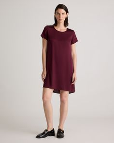 Washable Stretch Silk Tee Dress Casual Workwear Dress With Shirttail Hem, Elegant Summer Dresses With Shirttail Hem, Chic Short Sleeve Viscose Shirt Dress, Casual T-shirt Dress For Summer Workwear, Silk Midi Dress For Work With Short Sleeves, Silk Short Sleeve Midi Dress For Work, Casual Silk Midi Dress With Short Sleeves, Casual Silk Midi Dress For Work, Casual Knee-length Silk Midi Dress