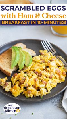 scrambled eggs with ham and cheese breakfast in 10 - minute recipe on a black plate