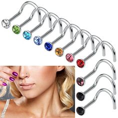 six pairs of nose piercings with different colors and designs on each one, including an individual