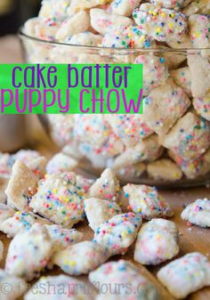 sprinkle covered cookies in a glass bowl with the words cake batter on it