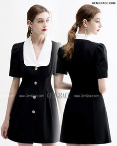 10% off now|Free shipping world-wide. Black Office Chic Dress with Buttons White Collar at GemGrace. Click to learn our pro custom-made service for wedding dress, formal dress. View #SemiFormalDresses for more ideas. Black Office Dress With Lapel Collar, Black Dress With White Collar, Black Dress White Collar, Black Velvet Dress White Collar, Black Collared Vintage Dress, Dress With Buttons, Best Wedding Guest Dresses, Black Office, Office Chic