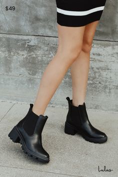 We took a classic Chelsea and gave it a little bit of edge to create the Lulus Waylen Black Ankle Boots! Smooth faux leather shapes these slip-on boots that have a rounded toe and ankle-high shaft with black gussets at the instep and outstep. The chunky block heel and slight platform sole give these boots some major '90s vibes! Pull tab at back. 2. 25" rubber block heel. Cushioned insole. Rubber sole has nonskid markings. Man made materials. Imported. Lulus | Waylen Black Ankle High Heel Boots. Fall High Ankle Chelsea Boots With Heel Pull Tab, High Ankle Chelsea Boots In Faux Leather, Black Boots With Heel Pull Tab For Fall, Winter Chelsea Boots With Stacked Heel And Round Toe, Black Block Heel Chelsea Boots For Fall, High Heel Chelsea Boots In Faux Leather, Black Heeled Boots With Heel Pull Tab For Fall, Black High Heel Chelsea Boots In Faux Leather, Black Chelsea Boots With Almond Toe