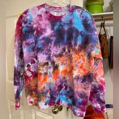 Only Removed From Packaging For Photos. New One Of A Kind Hand Dyed Crew Neck Sweatshirt By Ooakshell. Multicolor Relaxed Fit Bleached Tops, Fall Hand Dyed Relaxed Fit Tops, Hand Dyed Crew Neck Top For Fall, Multicolor Bleached Crew Neck Top, Oversized Hand Dyed Tops For Fall, Hand Dyed Tie Dye Tops For Fall, Hand Dyed Relaxed Fit Sweatshirt For Fall, Relaxed Fit Hand Dyed Tie Dye Sweatshirt, Hand Dyed Cotton Tops For Fall