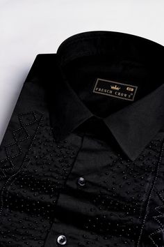 Experience the epitome of luxury with our Jade Black Moti Work Hand Stitched Designer Shirt. Crafted from Super Soft Premium Cotton, it's a masterpiece of meticulous craftsmanship, adorned with stunning moti work. This shirt redefines fashion, combining opulence with elegance. Elevate your style with this exquisite and timeless classic! Fused collar and cuffs, collar stand and flat felled side seams provide structure and stability to all our shirts. 100 % Premium Cotton; Comfortable soft hand, g Luxury Black Kurta With Embroidered Border, Black Embroidered Cotton Sherwani, Luxury Black Embroidered Sherwani, Luxury Embroidered Black Sherwani, Black Embroidered Semi-stitched Sherwani, Gents Shirts, Moti Work, Types Of Textiles, Camisa Social