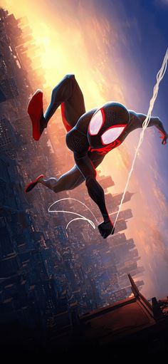 spider - man into the spider - verse poster with cityscape in the background