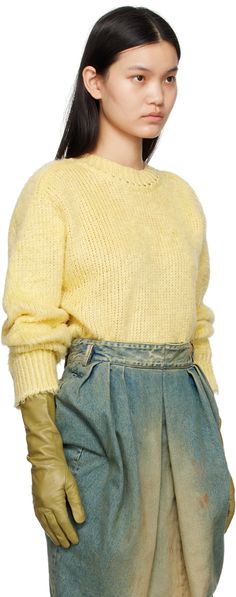 Brushed knit 3 gauge linen sweater. · Rib knit crewneck, hem and cuffs · Dropped shoulders · Raglan sleeves · White stitching at back Supplier color: Pale yellow Yellow Textured Knit Crew Neck Sweater, Pale Yellow Outfit, Yellow Crewneck, Linen Sweater, Yellow Outfit, Yellow Knit, Yellow Shop, Knit Crewneck, Pale Yellow