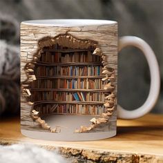 a coffee mug with an image of a bookcase through the hole in the wood