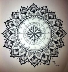 a black and white drawing of a compass in the middle of a flower design on paper