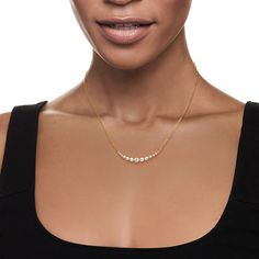 Ross-Simons - 1.00ct t. w. Diamond Curved Bar Necklace in 14kt Yellow Gold. 16". Boasting classic sparkle in a modern and minimalist design, our superb necklace beams with 1.00 ct. t. w. round brilliant-cut diamonds in an elegant curve. Crafted in polished 14kt yellow gold and stationed on a cable chain with a 2" extender. A fabulous signature piece for daily wear! Graduates from 1/16" to 3/16" wide. Springring clasp, diamond curved bar necklace. Diamond birthstones are the perfect gift for Apri Tennis Necklace Diamond, Diamond Infinity Necklace, Byzantine Necklace, Pave Diamond Earrings, Diamond Heart Pendant Necklace, Diamond Tennis Necklace, Diamond Evil Eye, Curved Bar, Diamond Birthstone