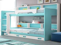 a blue bunk bed sitting in a bedroom next to a window