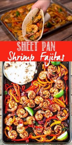 sheet pan shrimp fajita with peppers and carrots in it on a wooden table