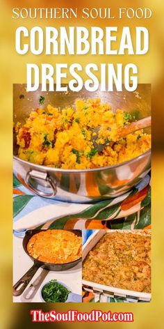 the southern soul food cornbread dressing recipe is shown in this image with text overlay