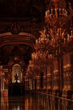 the chandeliers are hanging from the ceiling in this ornate room with gold trim