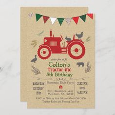 a tractor birthday party card with bunting flags