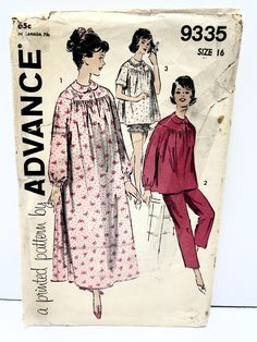 - Cut  with all pattern pieces and instruction sheet - ironed and neatly folded - Circa 1950's - Size 16 Bust 36 Waist 28  - pattern envelope is worn from age and storage - tears have been repaired with acid-free, archival tape - from the pattern envelope: Lovely gown, Short and Long Pajamas - perfect threesome to complete your night-time wardrobe.  Floor length gown has beautifully detailed shoulder yoke - flared pajama top is adorable over long pants and shortie bloomers.  Very fast shipping.  I ship the day payment is received. Please ask questions or request more photos before you buy. Insurance is included in the cost of shipping. Long Pajamas, Vintage Pajamas, Pajama Pattern, Baby Doll Pattern, Diy Wardrobe, Floor Length Gown, Pajama Top, Doll Pattern, Long Pants