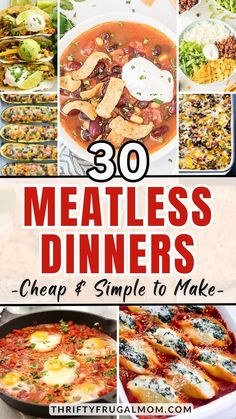 the cover of 30 meatless dinners is shown with images of different foods and vegetables