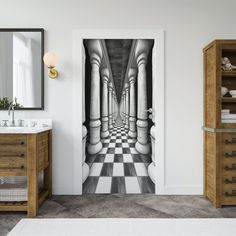 an image of a hallway with columns and checkered flooring in black and white