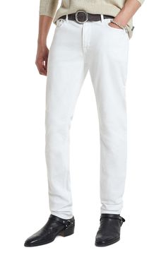 Classic yet rebellious, these slim-fitting jeans are crafted from premium stretch denim in a tonal white wash. 99% cotton, 1% elastane Machine wash, tumble dry Imported Modern White Cotton Jeans, Modern White Tapered Leg Jeans, Classic White Straight Fit Jeans, White Straight Fit Denim Bottoms, White Straight Fit Jeans With Five Pockets, White Cotton Jeans With Five Pockets, Classic White Slim Fit Jeans, White Classic Slim Fit Jeans, Slim Fit White Denim Bottoms