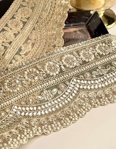 15cm Scalloped Cream Gold Mirror & Pearl Embellished Border Trim, Indian Zari Broad Pearl Work Lace, Sequin Embroidery Broad Border by Yard - Etsy Lace Fancy, Pearl Veil, Pearl Work, Scalloped Border, Lace Accessories, Wedding Veils Lace, Sequin Embroidery, Dress Drawing, Handwork Embroidery Design