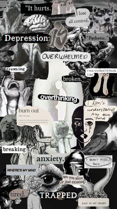 collage of images with words and pictures on them, including an image of a woman's face