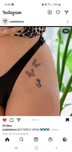 Butterfly Tattoo On Hip Bone, Pelvic Tattoo Hip Small Words, Side Lower Back Tattoos, Butterfly Tattoo Hip Bone, Cute Pelvic Tattoos For Women, Butterfly Tattoo Buttocks, Hip Area Tattoo, Hip Tattoos Women Butterflies, Butterfly Tattoo Going Up Leg