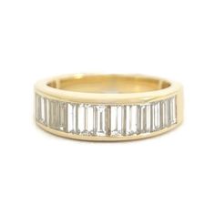 Baguette Diamond Channel-Set Band Ring 14K Yellow Gold, .95 CTW This is a beautiful diamond statement and anniversary ring! Don't hesitate to ask any questions! Diamonds: 13 baguettes .95 ctw, H, VS2-SI1 Metal: 14K yellow gold Weight: 5.21 grams Stamped: 18K Size: 5.5 (can be sized for a small fee) Width: 5 mm top of ring Stock: W2328 Gold Baguette Cut Jewelry With Channel Set, Classic Diamond Ring With Channel Set Baguette Cut, Channel Set Moissanite Diamond Ring With Baguette Cut, Luxury Baguette Cut Diamond Ring Channel Set, 14k Gold Baguette Cut Channel Set Ring, Channel Set, Baguette Diamond, Anniversary Rings, Band Rings