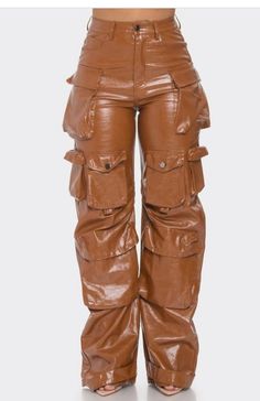 Wide leg cargo pant vegan leather faux leather material with large side pockets with snap closure Button at the waist and functional belt hoops Leather Cargo Pants, Pant Design, Leather Outfits Women, Brown Leather Pants, Marvelous Designer, Pants Design, Cargo Pant, Leather Outfit, Small Waist