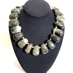 Natural Irregular shaped Bloodstone Elegant Gray Gemstone Beads Necklace, Gray Gemstone Beads Necklace For Gift, Gray Gemstone Beads Necklaces For Gifts, Elegant Necklace With Large Adjustable Stone, Elegant Adjustable Necklaces With Large Stone, Elegant Adjustable Necklace With Large Stone, Elegant Necklaces With Large Adjustable Stone, Adjustable Gray Gemstone Beads Necklace, Adjustable Gray Necklace With Gemstone Beads