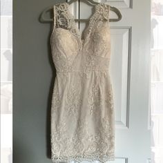 Never Worn, Perfect Condition, Intended For Wedding After Party Dress. Would Be Great For Any Semi Formal Occasion!!! Beautiful Fit. Elegant Lace Back Dress For Bridal Shower, Elegant Crochet Lace Dress For Wedding, Elegant Sleeveless Dress With Crochet Lace, Fitted Cream Crochet Dress For Party, Delicate Lace Mini Dress For Wedding, Elegant Fitted Crochet Dress For Brunch, Sleeveless Crochet Dress For Wedding, Cheap Cream Knee-length Dress, Lace Top Mini Dress For Wedding