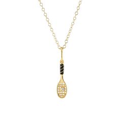 Step onto the style court with our Tennis Racket Enamel Charm Necklace! This 20mm charm boasts a black enamel "grip" and a sparkling cubic zirconia crystal "ball". Made in 18K gold vermeil with an adjustable 16-18 inch chain for a perfect fit. Game on! Packaged in our signature glass bottle. Our goal is to make jewelry that is fun, meaningful, stylish and made of quality materials that will last.  All of our earrings, rings, studs, and charms are cast in recycled sterling silver. Our gold is 18k gold vermeil (pronounced ver-may). Vermeil is a process of plating at least 2. 5 microns of gold over solid sterling silver.  Our chains are all recycled sterling silver or gold filled and made in the USA.  We assemble, package and ship all of our jewelry from our studio in Half Moon Bay, Californi Shiny Objects, Make Jewelry, Gold Charm Necklace, Earrings Rings, Enamel Charms, Game On, Recycled Sterling Silver, Watch Necklace, Tennis Racket