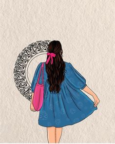 a woman in a blue dress with a pink purse is looking down at the ground