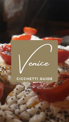 a close up of food on a plate with the words venice written in white above it