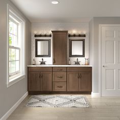 a large bathroom with double sinks and two mirrors on the wall next to an open door