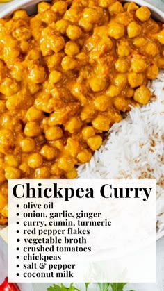 chickpea curry in a bowl with white rice and garnish on the side