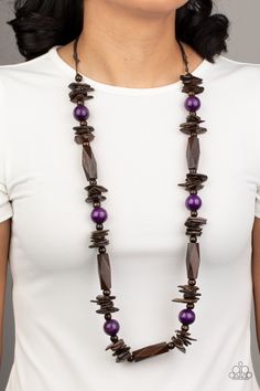 Cozumel Coast - Purple Wood Necklace - Paparazzi Paparazzi Jewelry Images, Adjustable Sliding Knot, Antique Brass Frame, Sliding Knot Closure, Silver Strand, Wooden Bead Necklaces, Hammered Silver Ring, Purple Necklace, Wooden Necklace