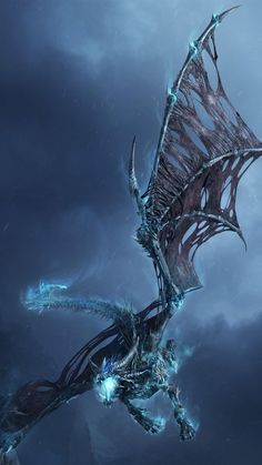 a dragon flying through the air with its wings spread out in front of dark clouds