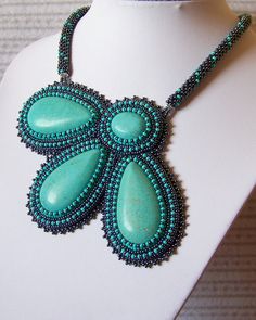 Turquoise Flower- Bead Embroidery Necklace with Turquoise. $120.00, via Etsy. Elegant Turquoise Beaded Gems And Cabochons, Turquoise Beaded Pendant Necklace, Embroidery Pendant, Beaded Designs, Embroidery Necklace, Embroidery Beads, Trendy Jewerly, Jewerly Beads, Jewerly Making