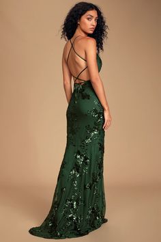 Lovely Forest Green Dress - Maxi Dress - Lace-Up Sequin Dress - Lulus Green Sequin Prom Dress, Forest Green Dresses, Green Formal Dresses, Sequin Prom Dress, Formal Dresses Gowns, Prom Dress Inspiration, Cute Prom Dresses, Pretty Prom Dresses, Sequin Maxi Dress