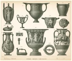 an antique illustration of vases and other decorative objects