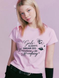 This is a casual and trendy top by MOONFAIRY that is made out of high quality and sturdy material. With distinctive mood of the design and comfortable wear, you can style it for your casual daily outfit.- Unique graphic artwork detail- Soft and sturdy cotton 100% fabric- Young and feminine mood Casual Pink Slogan T-shirt, Pink Y2k T-shirt With Letter Print, Pink Slogan T-shirt With Short Sleeves, Cute Pink T-shirt With Text Print, Cute Pink T-shirt With Graphic Print, Trendy Pink T-shirt With Text Print, Pink Relaxed Fit T-shirt With Letter Print, Trendy Pink Tops For Streetwear, Pink Text Print T-shirt For Streetwear