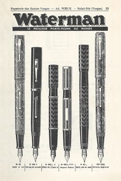 an advertisement for waterman fountain pens from the early 1900's, showing different types of writing