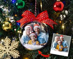 an ornament hanging from a christmas tree with two pictures on it and a red ribbon