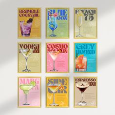 there are six different types of cocktails on this set of cards, each with the same name