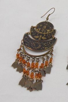 Vintage Earrings Bronze Tone Dangle French Loop Earrings Orange Vintage Earrings For Party, Orange Dangle Pierced Jewelry, Bohemian Orange Earrings, Bohemian Orange Drop Earrings, Vintage Orange Dangle Earrings, Earrings Bronze, Bow Hunter, Belly Dancer, Loop Earrings