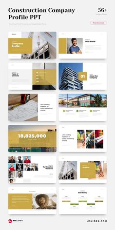 the website design for construction company is shown in yellow and white colors, with an image of