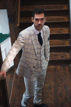 Men's 3 Piece Beige Checked Suit | TruClothing Suit Color Combinations, Suit Outfit Ideas, Men Suit Outfit, Mens Suit Colors, Suit Beige, Mens Suit Accessories, Suits Business, Suit Inspiration, Classic Suits