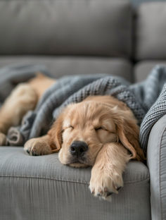 a brown dog sleeping on top of a gray couch