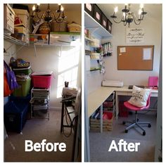 before and after photos of a home office with desks, shelves, and chairs