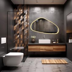 a modern bathroom with an oval mirror above the sink and wooden accents on the walls